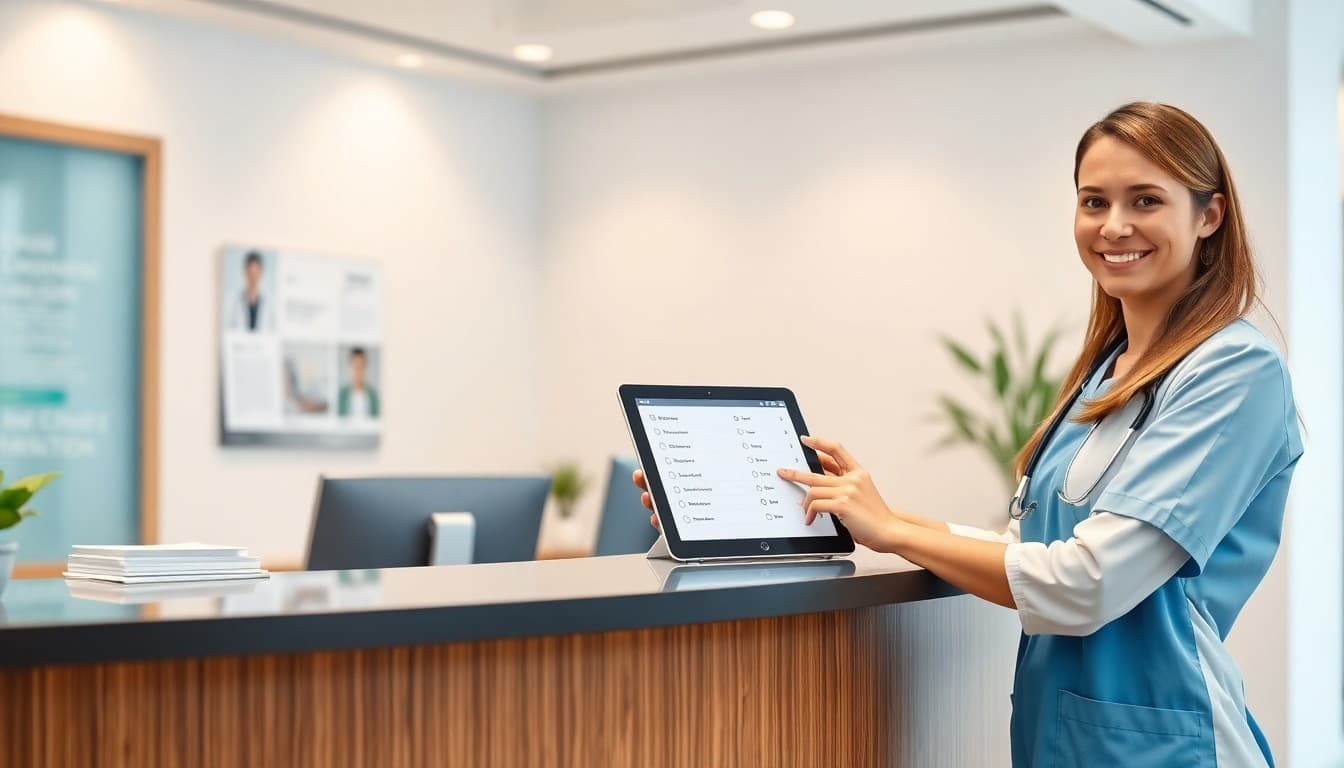 Healthcare professional reviewing patient feedback on digital device, representing modern healthcare reputation management