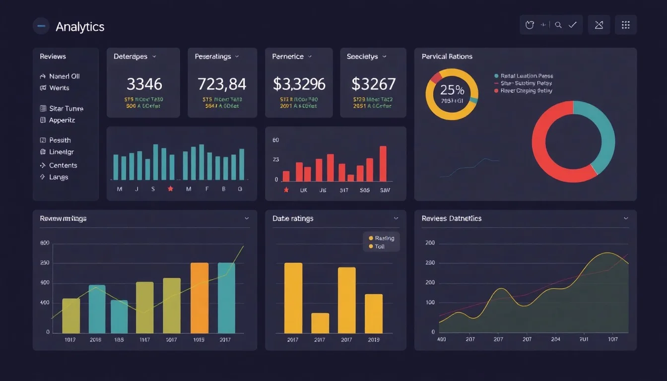Business analytics dashboard showing review metrics, sentiment analysis, competitive benchmarking, and ROI tracking for reputation management